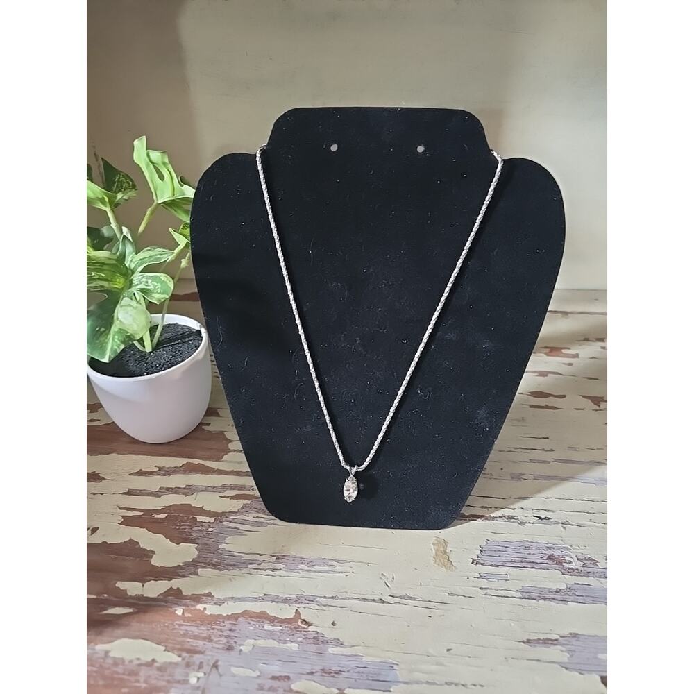 Vtg Monet Silver Tone Marquise Champagne Crystal Pendant Wheat Chain Necklace